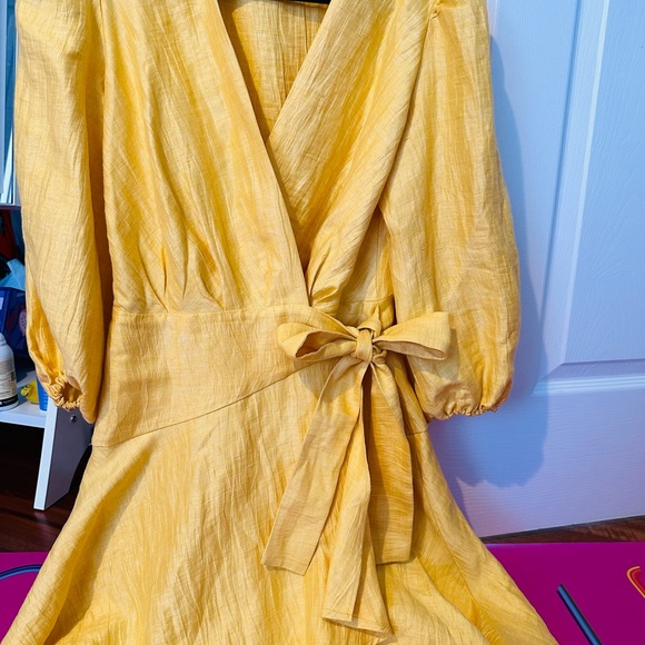 Maje Yellow Linen Blend Puff Sleeve Wrap Mini Dress Size EU36 XSmall（Size1） - Picture 7 of 8